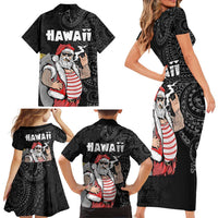 Hawaii Aloha Santa Claus Funny Polynesian Tattoo Family Matching Short Sleeve Bodycon Dress and Hawaiian Shirt Black Color