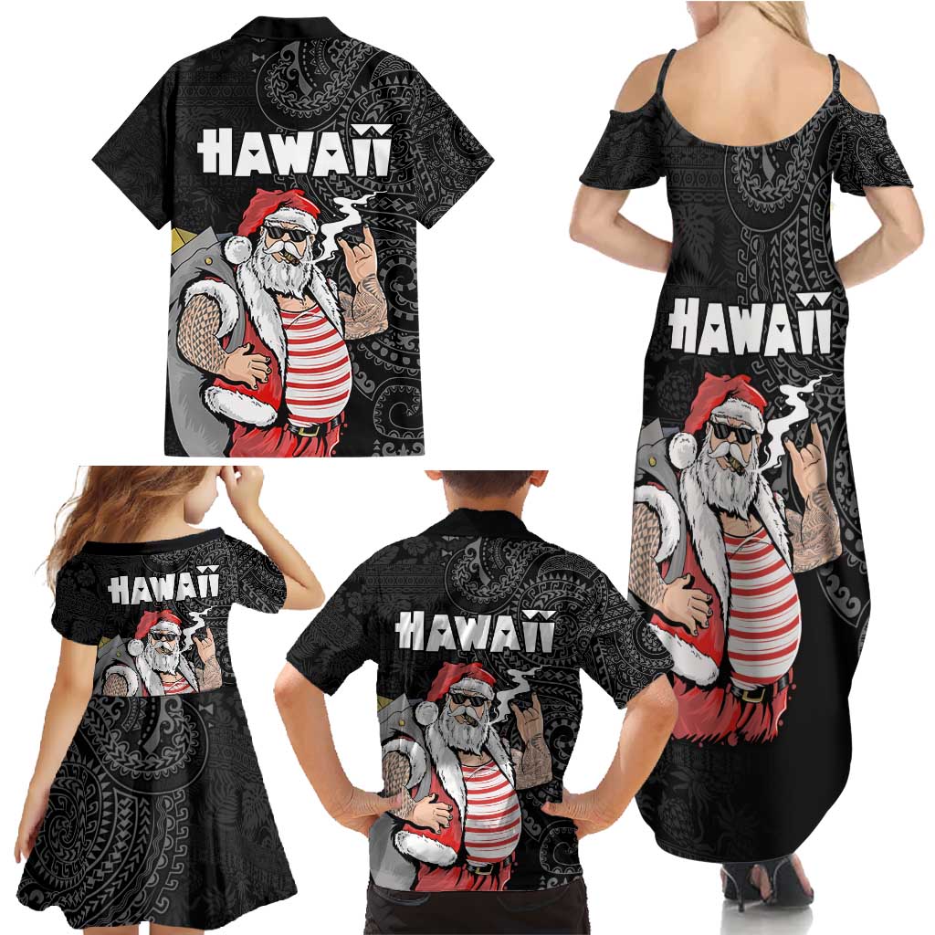 Hawaii Aloha Santa Claus Funny Polynesian Tattoo Family Matching Summer Maxi Dress and Hawaiian Shirt Black Color