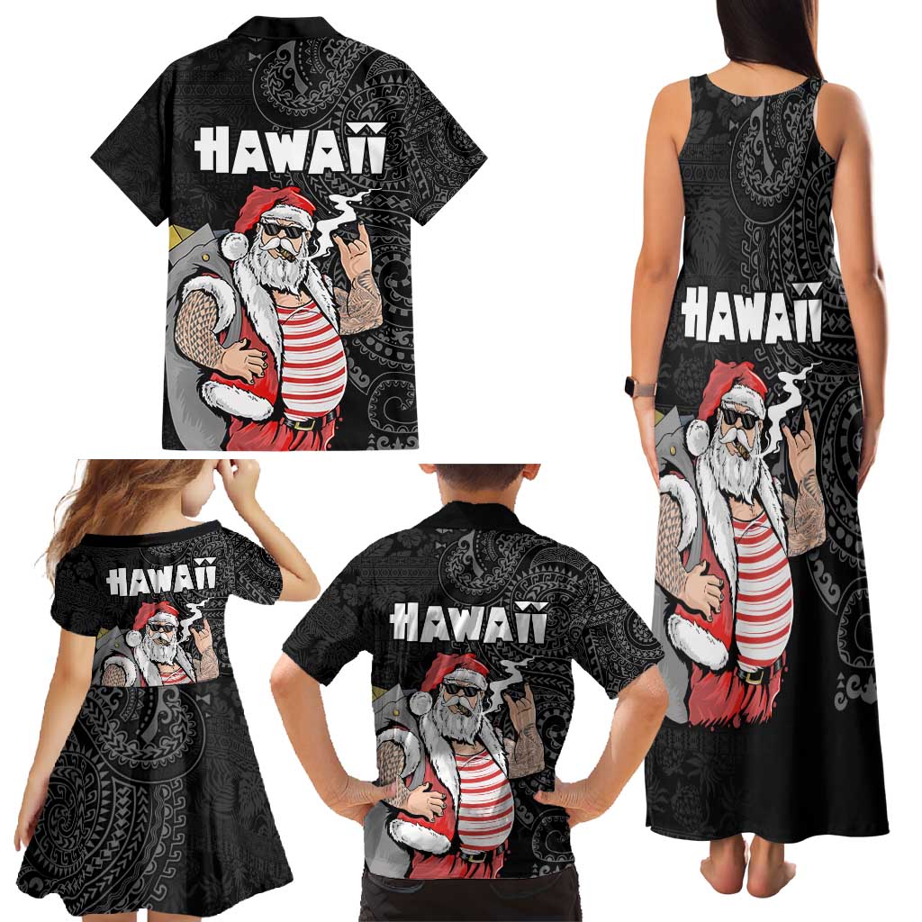 Hawaii Aloha Santa Claus Funny Polynesian Tattoo Family Matching Tank Maxi Dress and Hawaiian Shirt Black Color