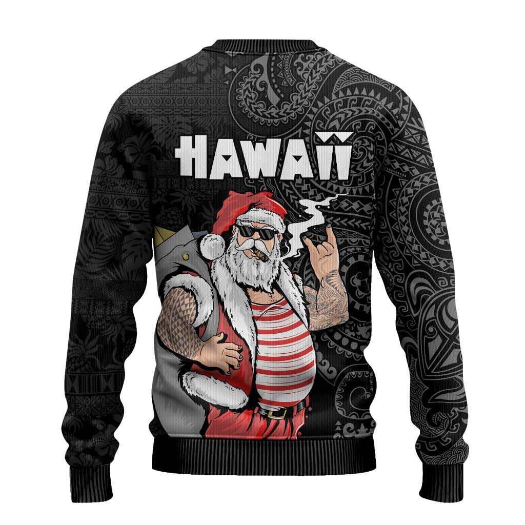 Hawaii Aloha Santa Claus Funny Polynesian Tattoo Ugly Christmas Sweater Black Color