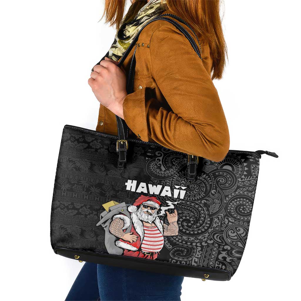 Hawaii Aloha Santa Claus Funny Polynesian Tattoo Leather Tote Bag Black Color