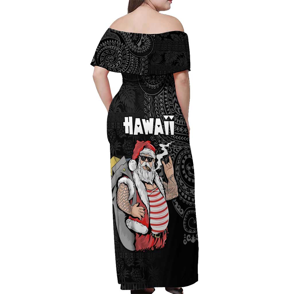 Hawaii Aloha Santa Claus Funny Polynesian Tattoo Off Shoulder Maxi Dress Black Color