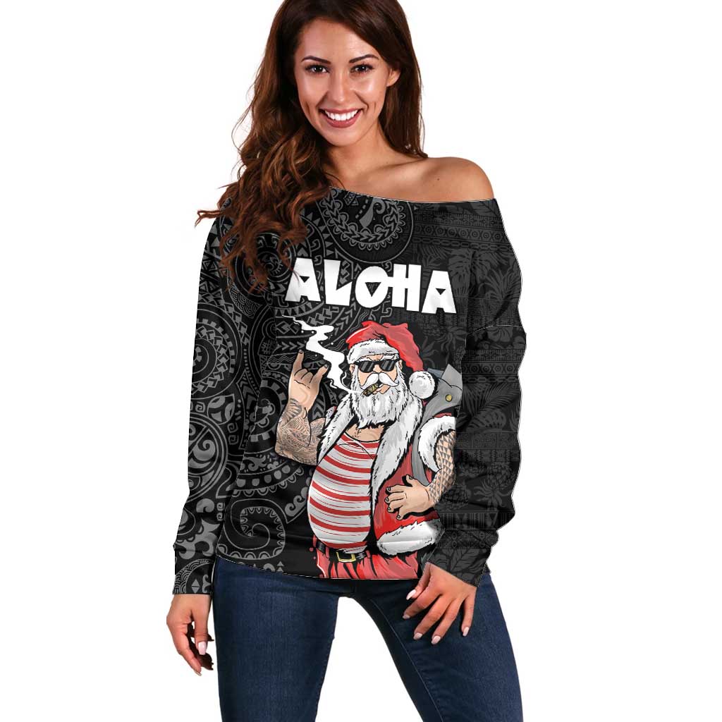 Hawaii Aloha Santa Claus Funny Polynesian Tattoo Off Shoulder Sweater Black Color