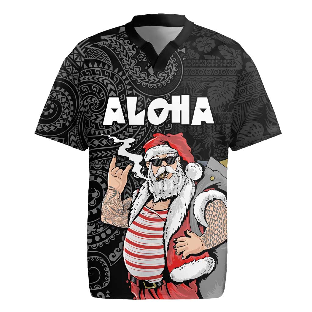 Hawaii Aloha Santa Claus Funny Polynesian Tattoo Rugby Jersey Black Color