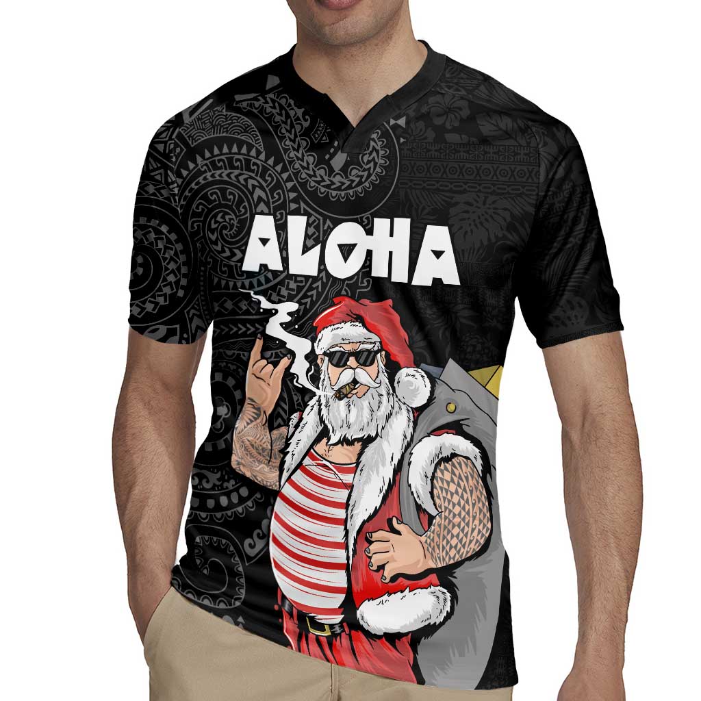 Hawaii Aloha Santa Claus Funny Polynesian Tattoo Rugby Jersey Black Color