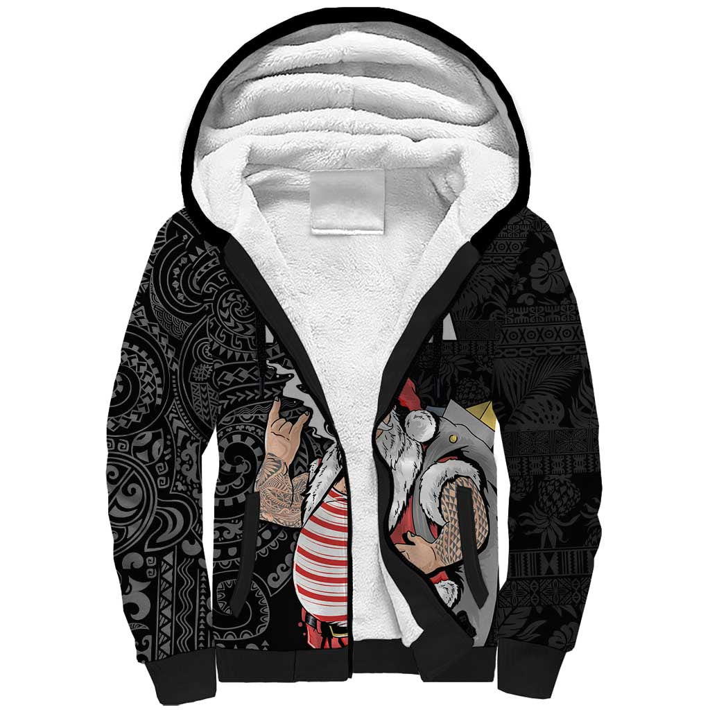 Hawaii Aloha Santa Claus Funny Polynesian Tattoo Sherpa Hoodie Black Color