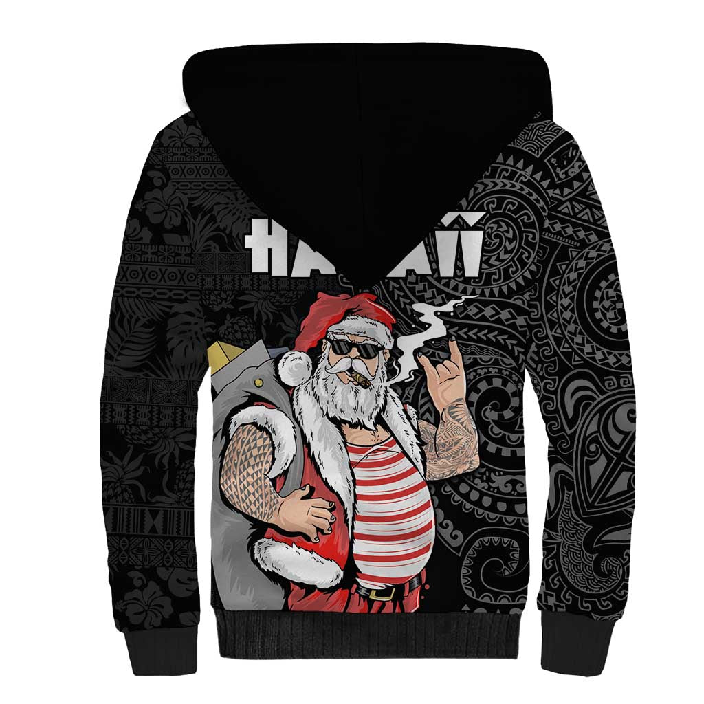 Hawaii Aloha Santa Claus Funny Polynesian Tattoo Sherpa Hoodie Black Color