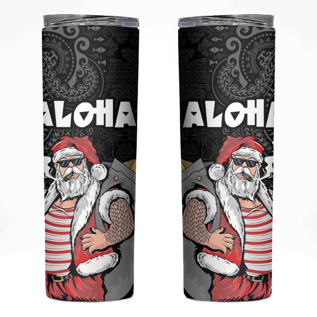 Hawaii Aloha Santa Claus Funny Polynesian Tattoo Skinny Tumbler Black Color