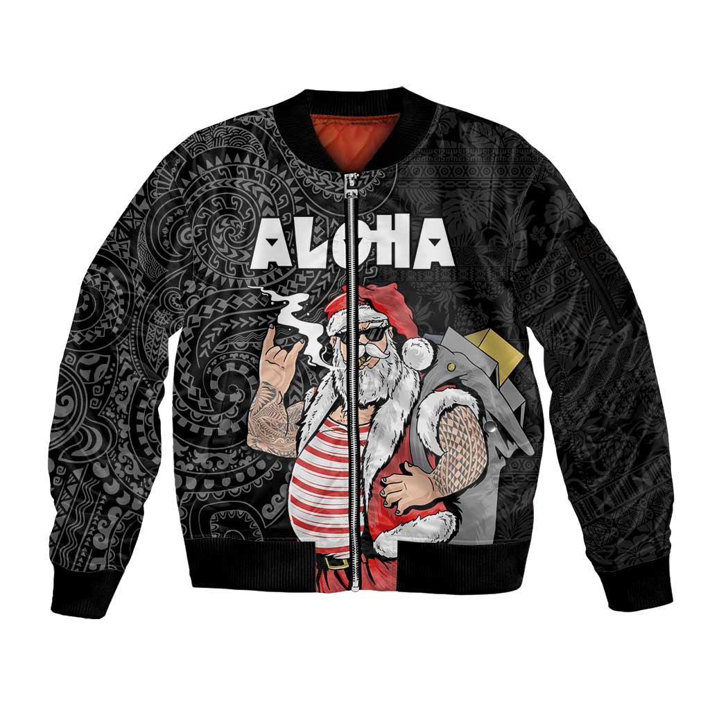 Hawaii Aloha Santa Claus Funny Polynesian Tattoo Sleeve Zip Bomber Jacket Black Color