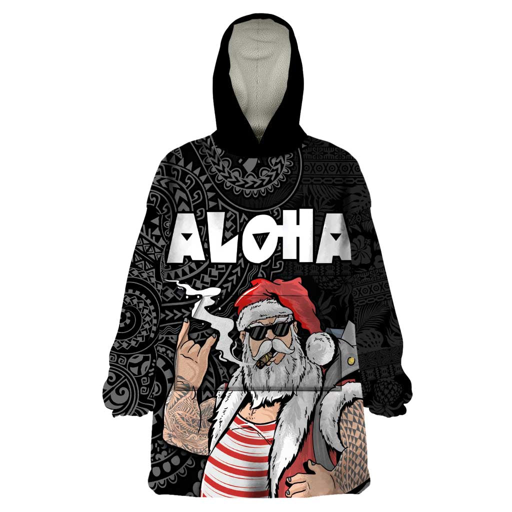 Hawaii Aloha Santa Claus Funny Polynesian Tattoo Wearable Blanket Hoodie Black Color