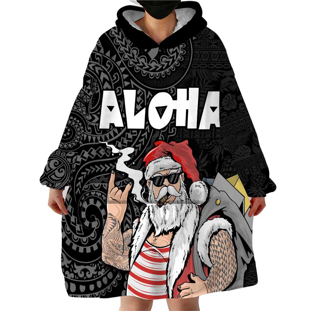 Hawaii Aloha Santa Claus Funny Polynesian Tattoo Wearable Blanket Hoodie Black Color