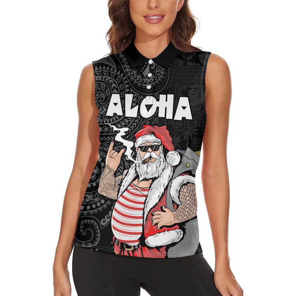 Hawaii Aloha Santa Claus Funny Polynesian Tattoo Women Sleeveless Polo Shirt Black Color LT03 - Polynesian Pride