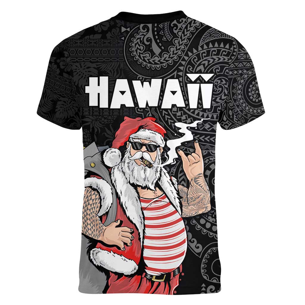 Hawaii Aloha Santa Claus Funny Polynesian Tattoo Women V-Neck T-Shirt Black Color LT03 - Polynesian Pride