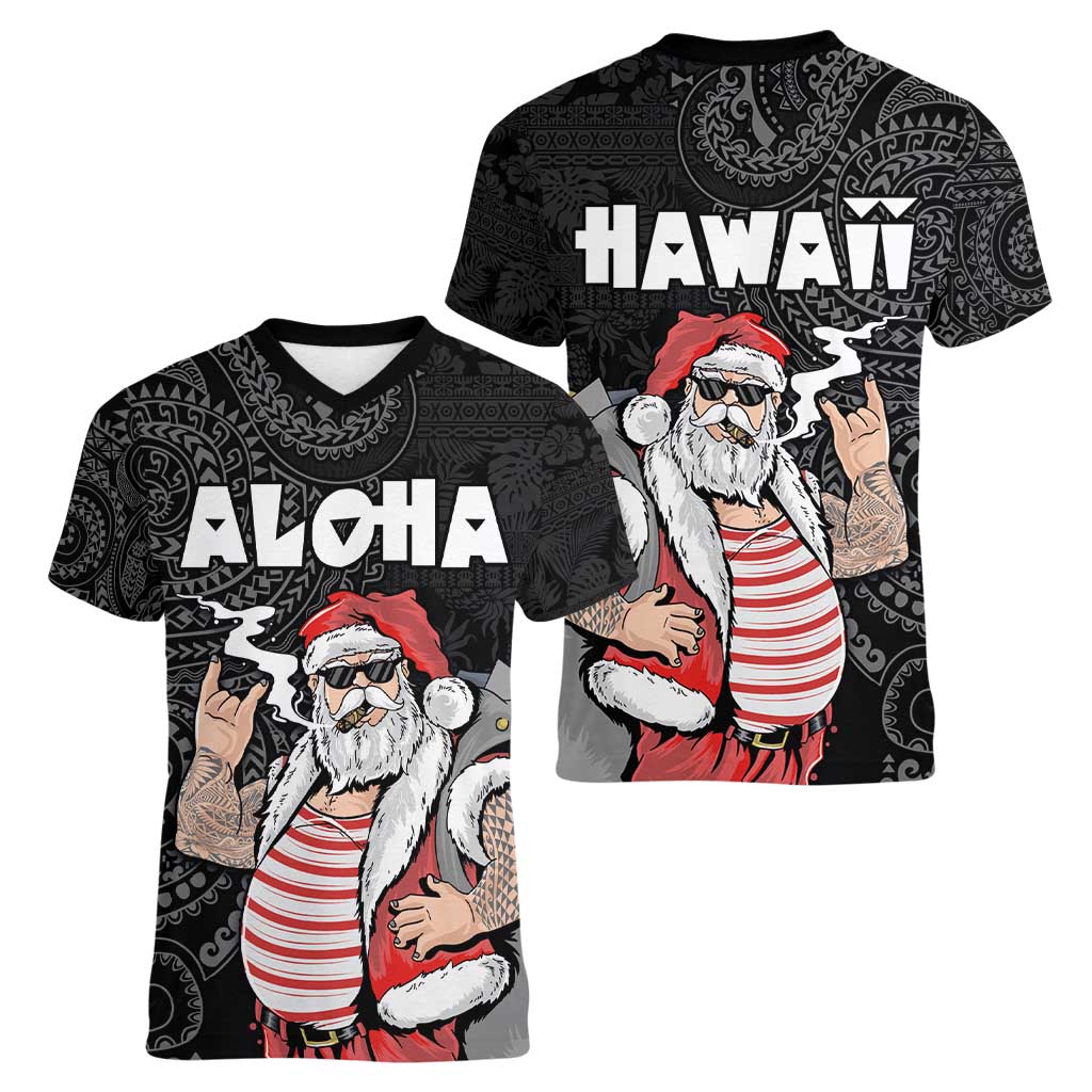 Hawaii Aloha Santa Claus Funny Polynesian Tattoo Women V-Neck T-Shirt Black Color LT03 - Polynesian Pride