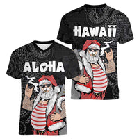 Hawaii Aloha Santa Claus Funny Polynesian Tattoo Women V-Neck T-Shirt Black Color LT03 - Polynesian Pride