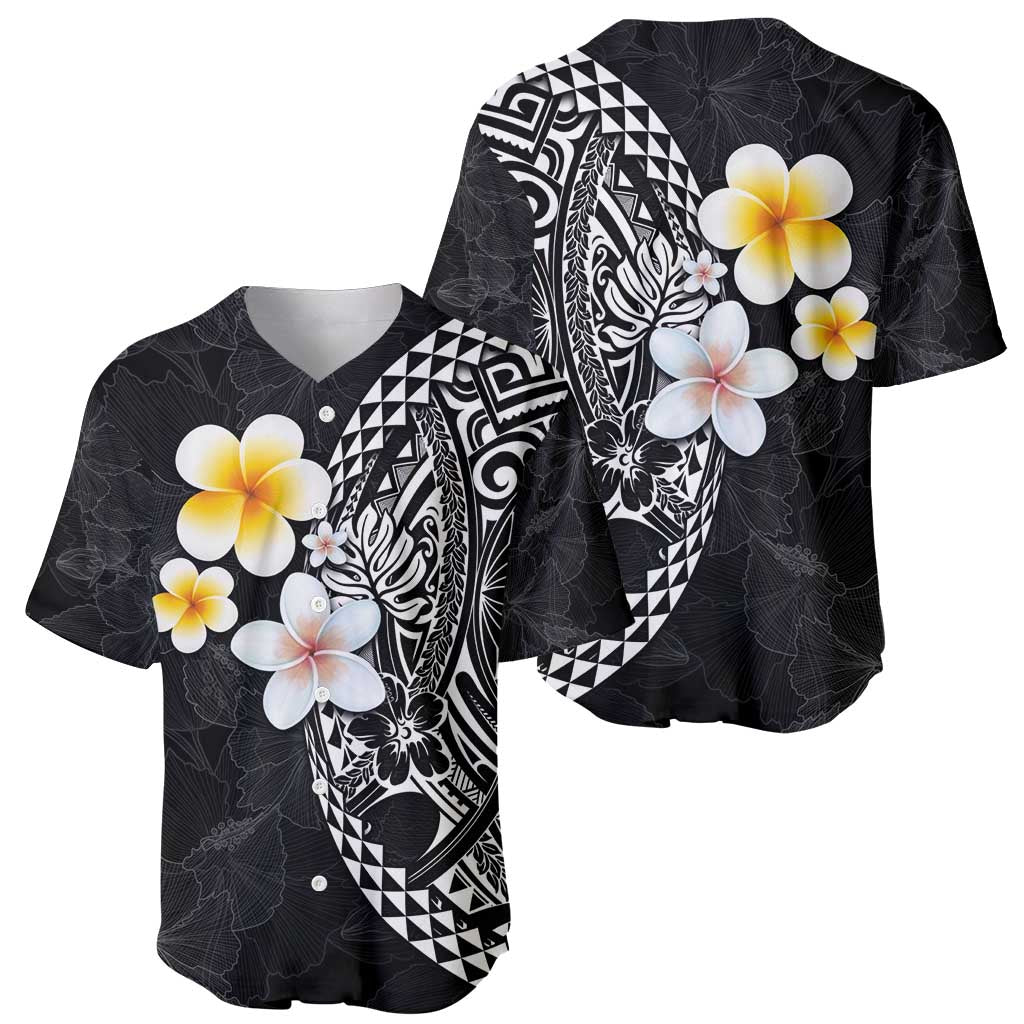 Hawaiian Hibiscus and Plumeria Polynesian Tribal Tattoo Baseball Jersey Black Color