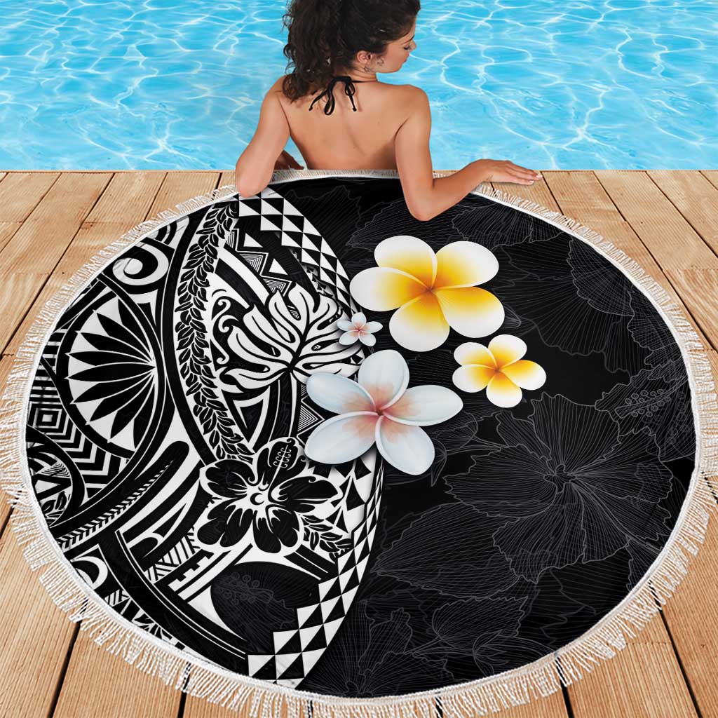 Hawaiian Hibiscus and Plumeria Polynesian Tribal Tattoo Beach Blanket Black Color