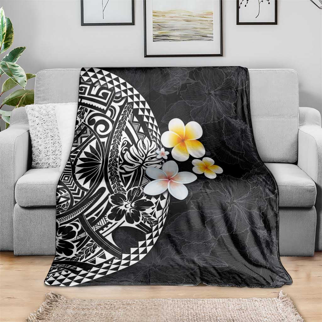Hawaiian Hibiscus and Plumeria Polynesian Tribal Tattoo Blanket Black Color