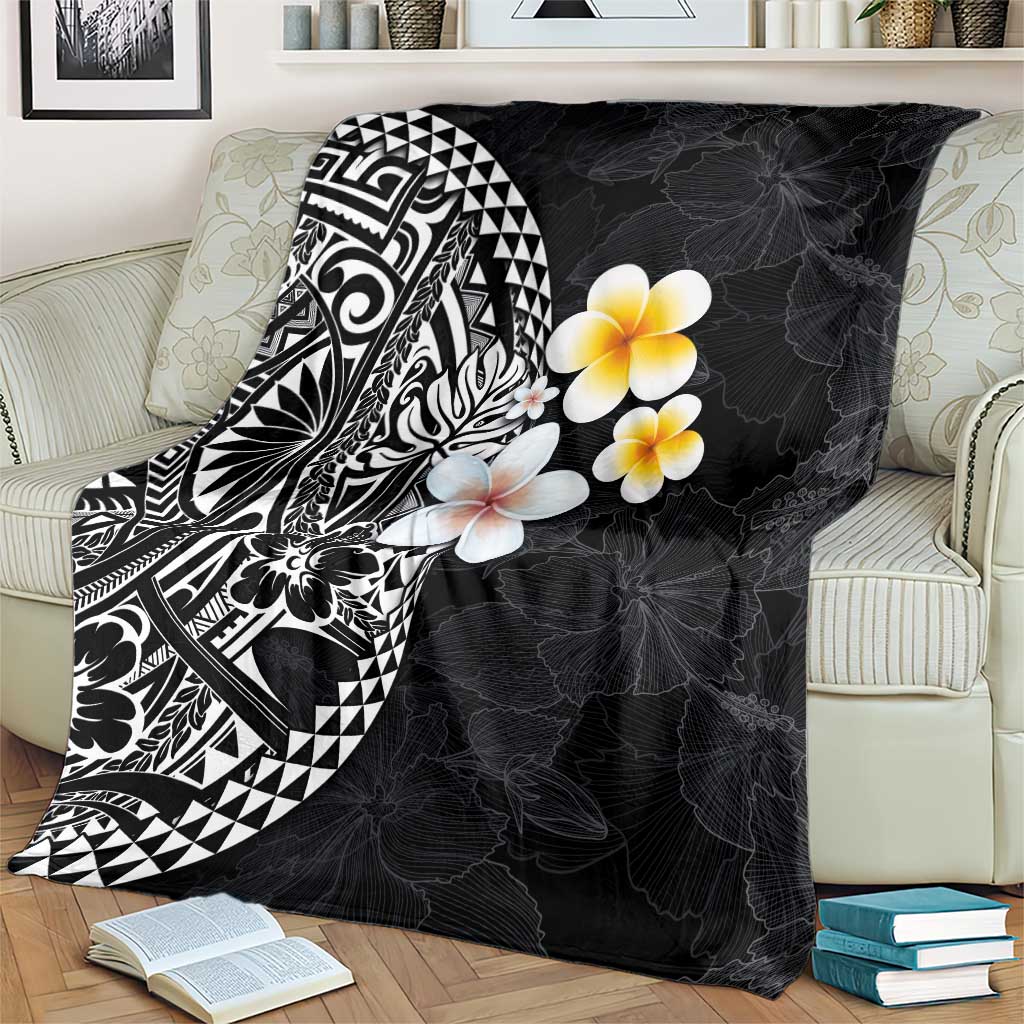 Hawaiian Hibiscus and Plumeria Polynesian Tribal Tattoo Blanket Black Color