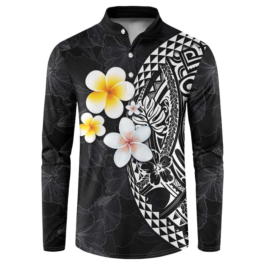 Hawaiian Hibiscus and Plumeria Polynesian Tribal Tattoo Button Sweatshirt Black Color