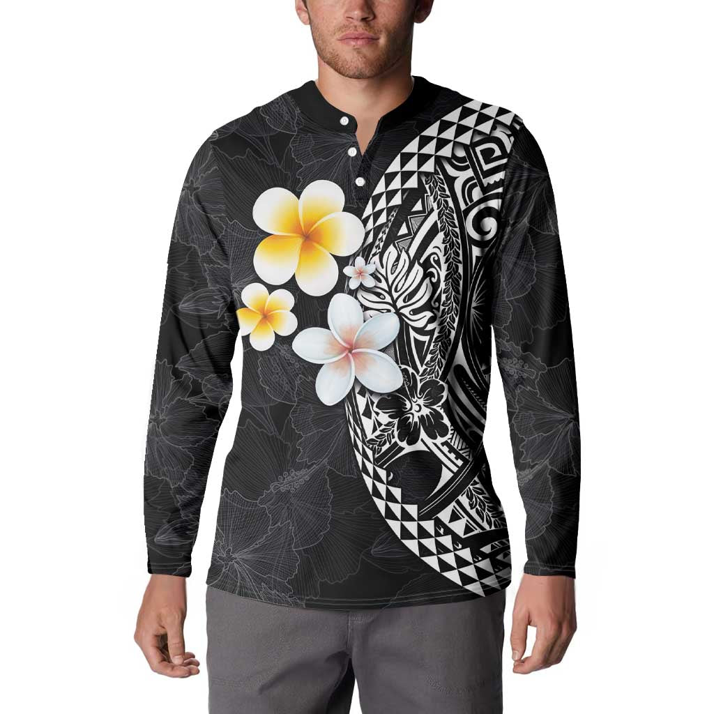 Hawaiian Hibiscus and Plumeria Polynesian Tribal Tattoo Button Sweatshirt Black Color