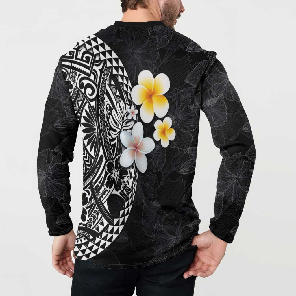 Hawaiian Hibiscus and Plumeria Polynesian Tribal Tattoo Button Sweatshirt Black Color