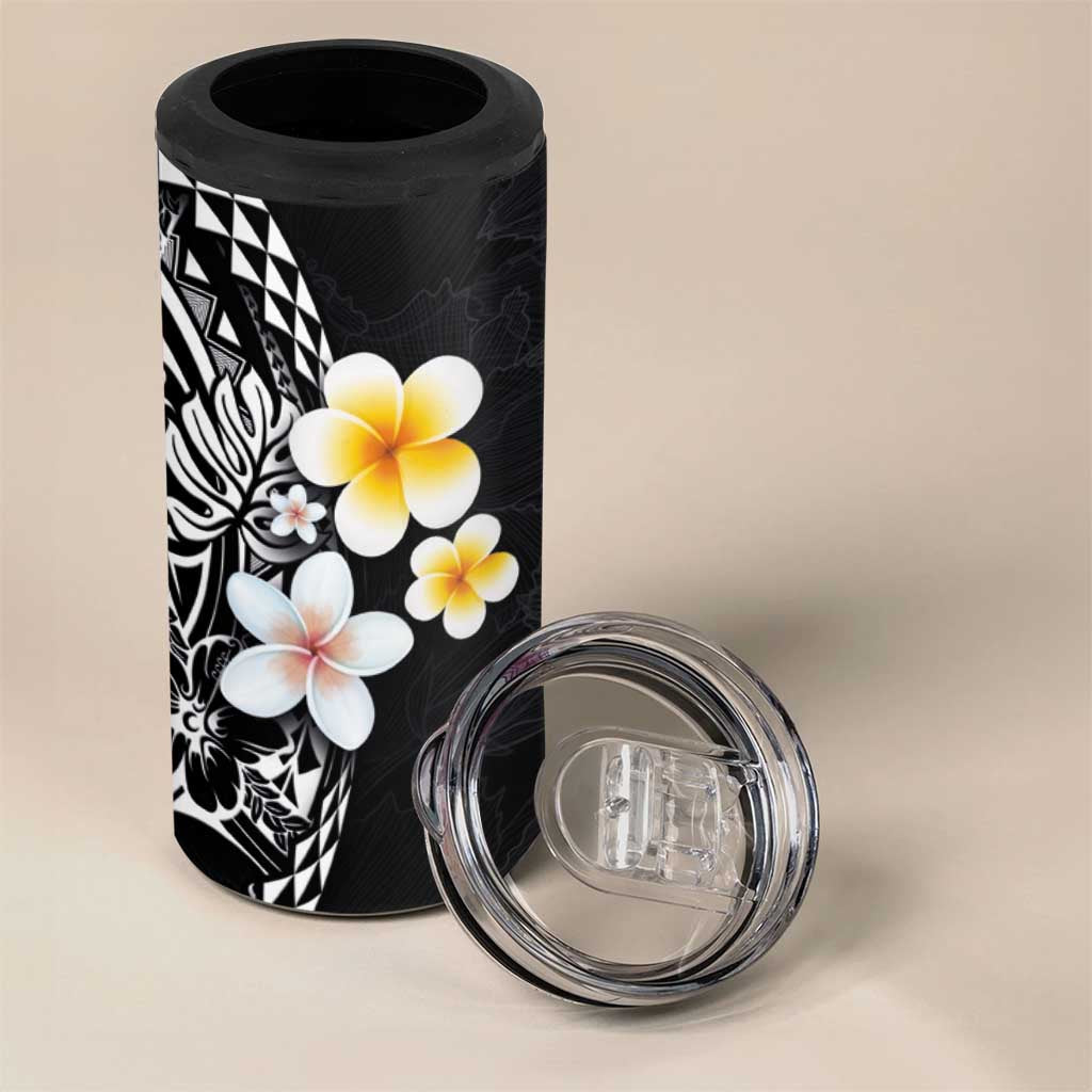 Hawaiian Hibiscus and Plumeria Polynesian Tribal Tattoo 4 in 1 Can Cooler Tumbler Black Color
