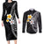 Hawaiian Hibiscus and Plumeria Polynesian Tribal Tattoo Couples Matching Long Sleeve Bodycon Dress and Long Sleeve Button Shirt Black Color