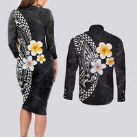 Hawaiian Hibiscus and Plumeria Polynesian Tribal Tattoo Couples Matching Long Sleeve Bodycon Dress and Long Sleeve Button Shirt Black Color