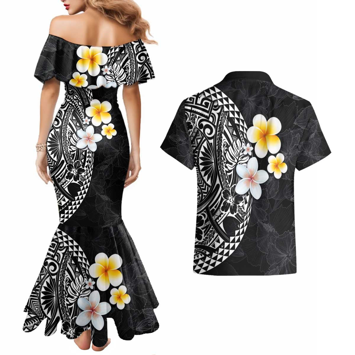 Hawaiian Hibiscus and Plumeria Polynesian Tribal Tattoo Couples Matching Mermaid Dress and Hawaiian Shirt Black Color LT03 - Polynesian Pride