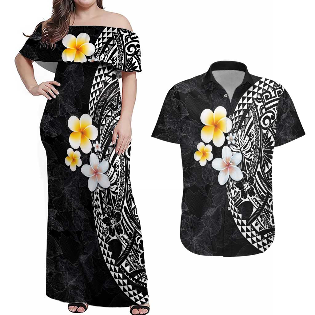 Hawaiian Hibiscus and Plumeria Polynesian Tribal Tattoo Couples Matching Off Shoulder Maxi Dress and Hawaiian Shirt Black Color