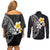 Hawaiian Hibiscus and Plumeria Polynesian Tribal Tattoo Couples Matching Off Shoulder Short Dress and Long Sleeve Button Shirt Black Color