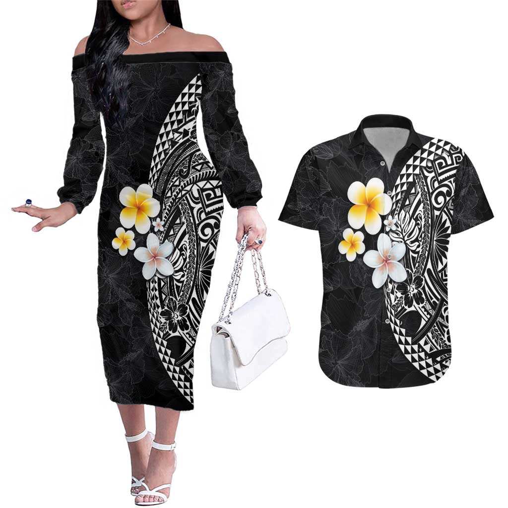 Hawaiian Hibiscus and Plumeria Polynesian Tribal Tattoo Couples Matching Off The Shoulder Long Sleeve Dress and Hawaiian Shirt Black Color