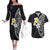 Hawaiian Hibiscus and Plumeria Polynesian Tribal Tattoo Couples Matching Off The Shoulder Long Sleeve Dress and Hawaiian Shirt Black Color