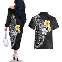 Hawaiian Hibiscus and Plumeria Polynesian Tribal Tattoo Couples Matching Off The Shoulder Long Sleeve Dress and Hawaiian Shirt Black Color