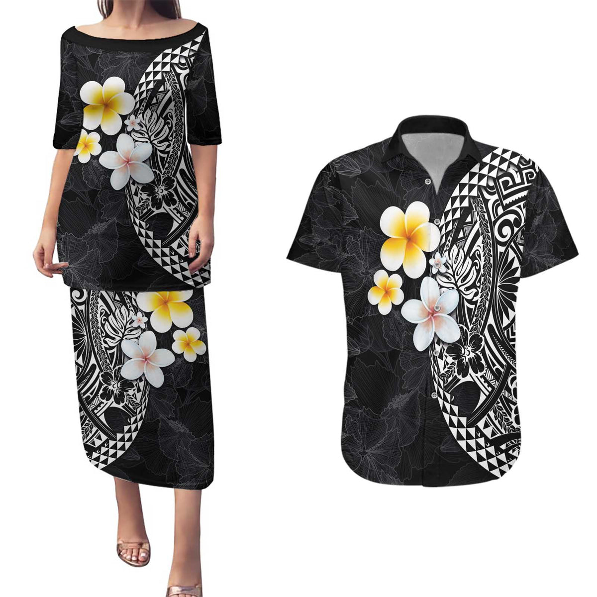 Hawaiian Hibiscus and Plumeria Polynesian Tribal Tattoo Couples Matching Puletasi and Hawaiian Shirt Black Color LT03 Black - Polynesian Pride