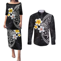 Hawaiian Hibiscus and Plumeria Polynesian Tribal Tattoo Couples Matching Puletasi and Long Sleeve Button Shirt Black Color LT03 Black - Polynesian Pride