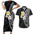 Hawaiian Hibiscus and Plumeria Polynesian Tribal Tattoo Couples Matching Short Sleeve Bodycon Dress and Hawaiian Shirt Black Color