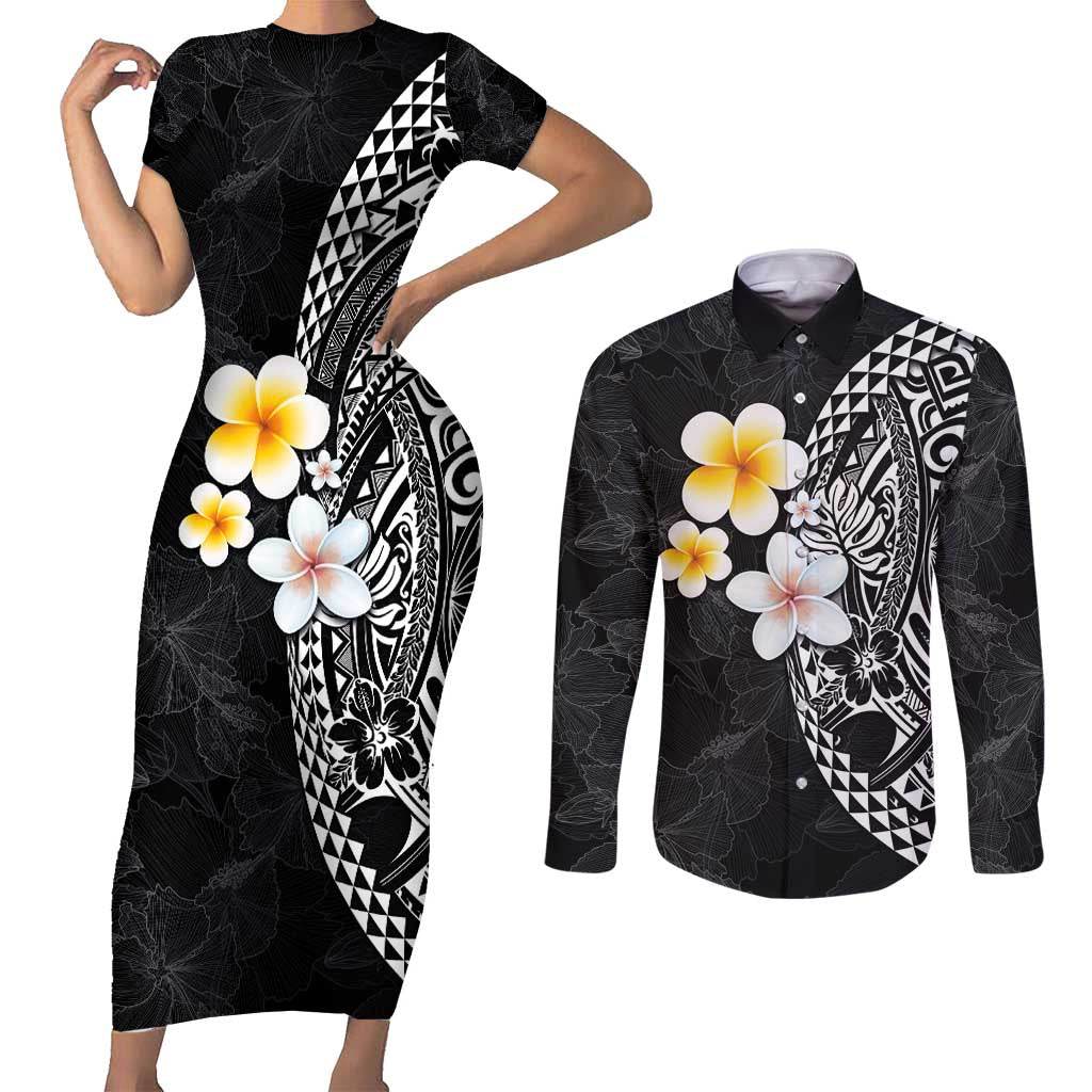 Hawaiian Hibiscus and Plumeria Polynesian Tribal Tattoo Couples Matching Short Sleeve Bodycon Dress and Long Sleeve Button Shirt Black Color