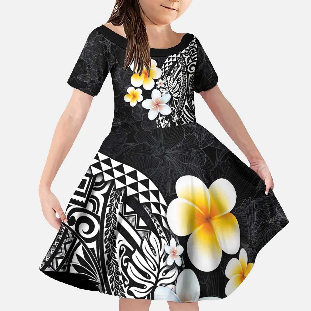Hawaiian Hibiscus and Plumeria Polynesian Tribal Tattoo Family Matching Mermaid Dress and Hawaiian Shirt Black Color