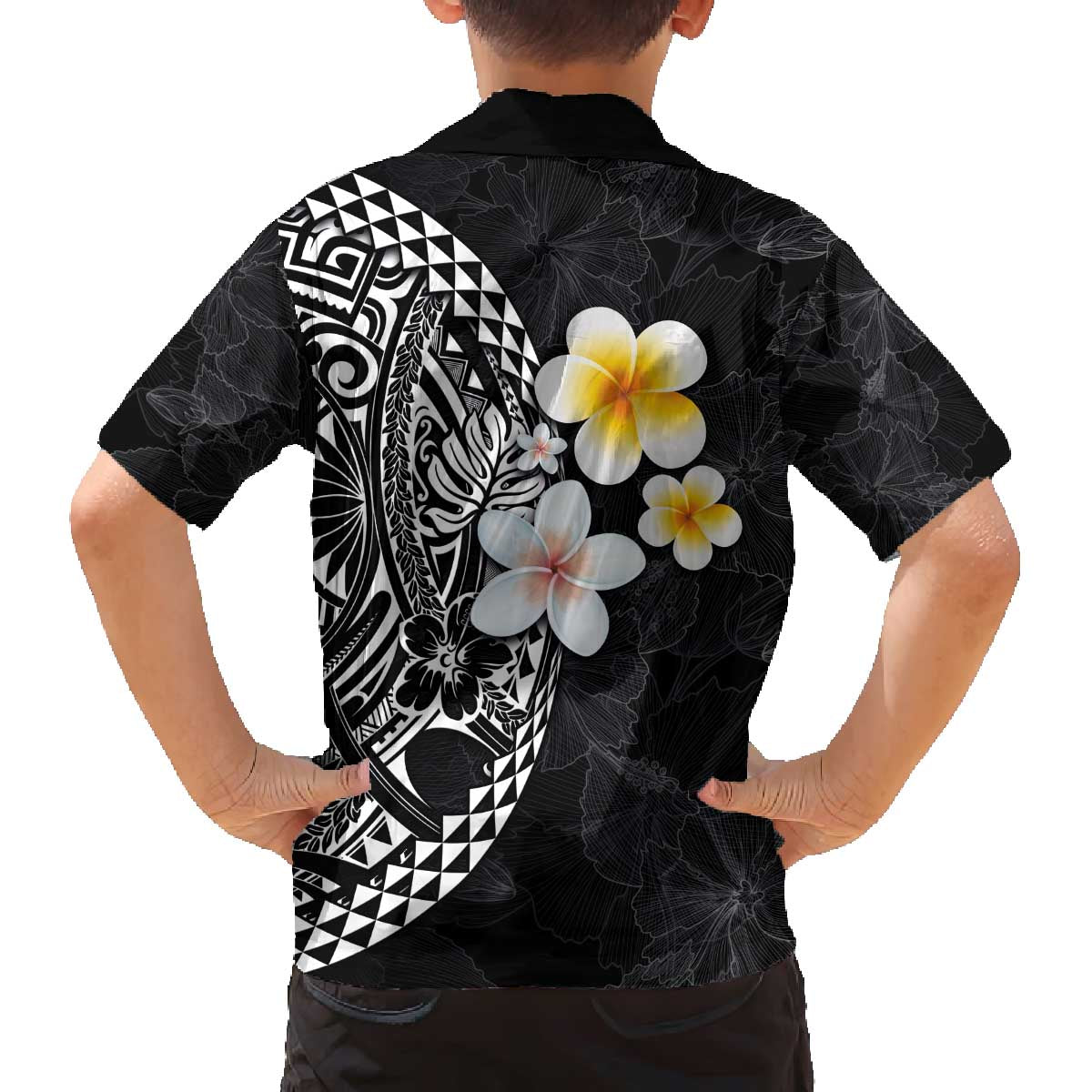 Hawaiian Hibiscus and Plumeria Polynesian Tribal Tattoo Family Matching Puletasi and Hawaiian Shirt Black Color LT03 - Polynesian Pride