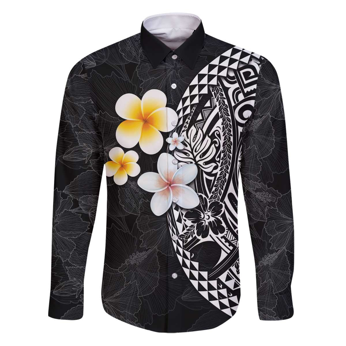 Hawaiian Hibiscus and Plumeria Polynesian Tribal Tattoo Family Matching Puletasi and Hawaiian Shirt Black Color LT03 Dad's Shirt - Long Sleeve Black - Polynesian Pride