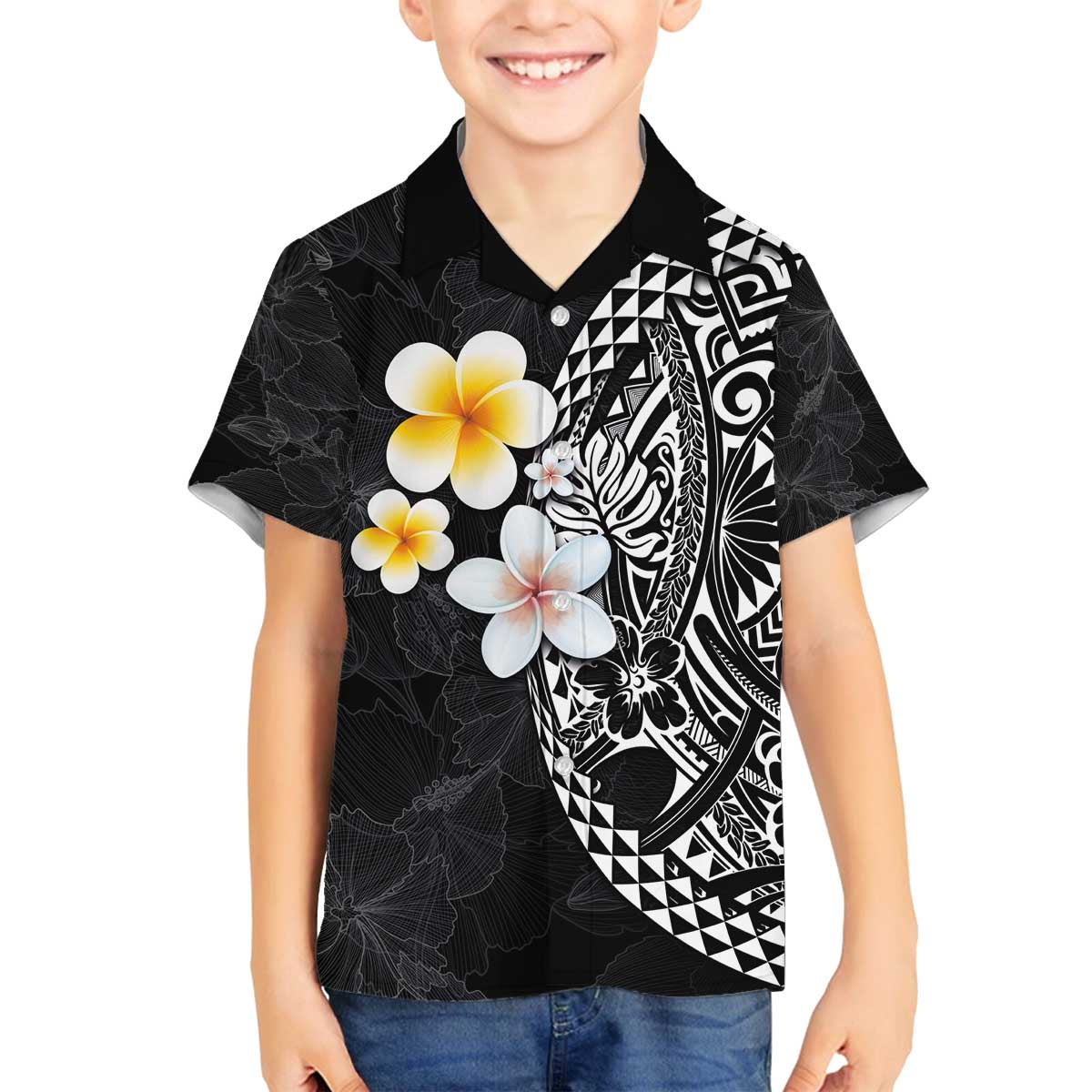 Hawaiian Hibiscus and Plumeria Polynesian Tribal Tattoo Family Matching Puletasi and Hawaiian Shirt Black Color LT03 Son's Shirt Black - Polynesian Pride