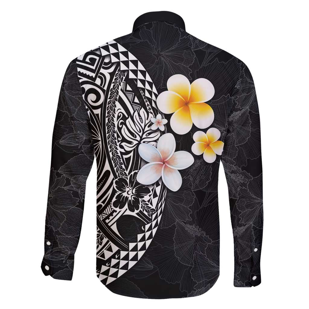 Hawaiian Hibiscus and Plumeria Polynesian Tribal Tattoo Family Matching Summer Maxi Dress and Hawaiian Shirt Black Color