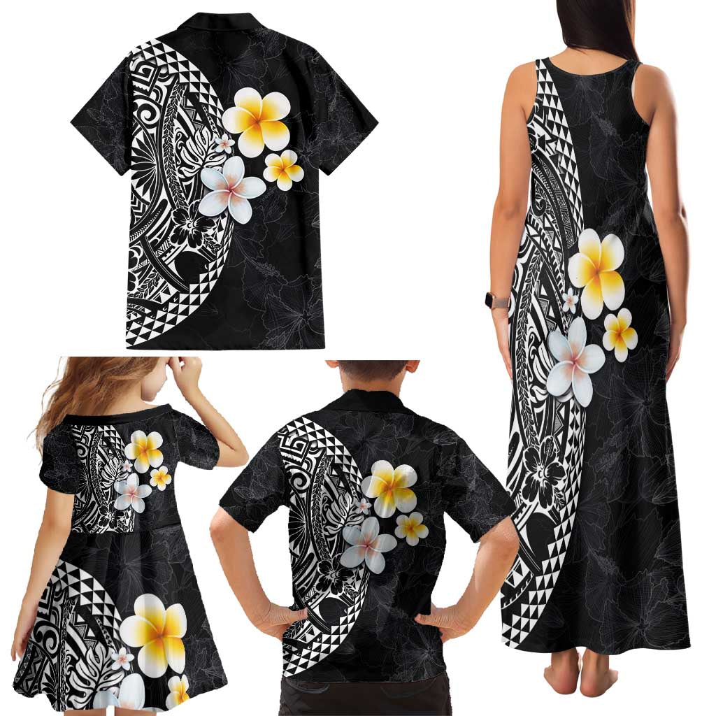 Hawaiian Hibiscus and Plumeria Polynesian Tribal Tattoo Family Matching Tank Maxi Dress and Hawaiian Shirt Black Color