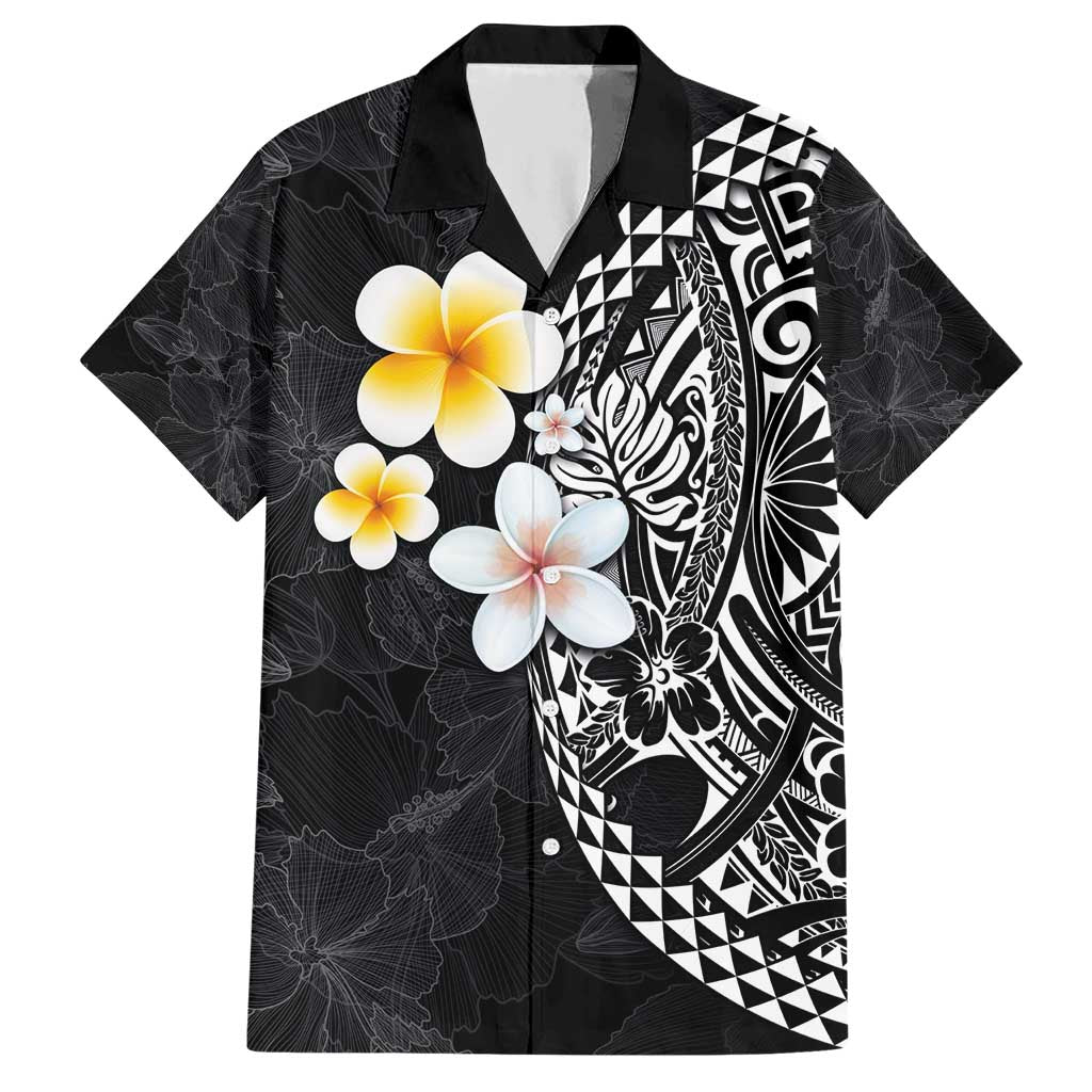 Hawaiian Hibiscus and Plumeria Polynesian Tribal Tattoo Hawaiian Shirt Black Color