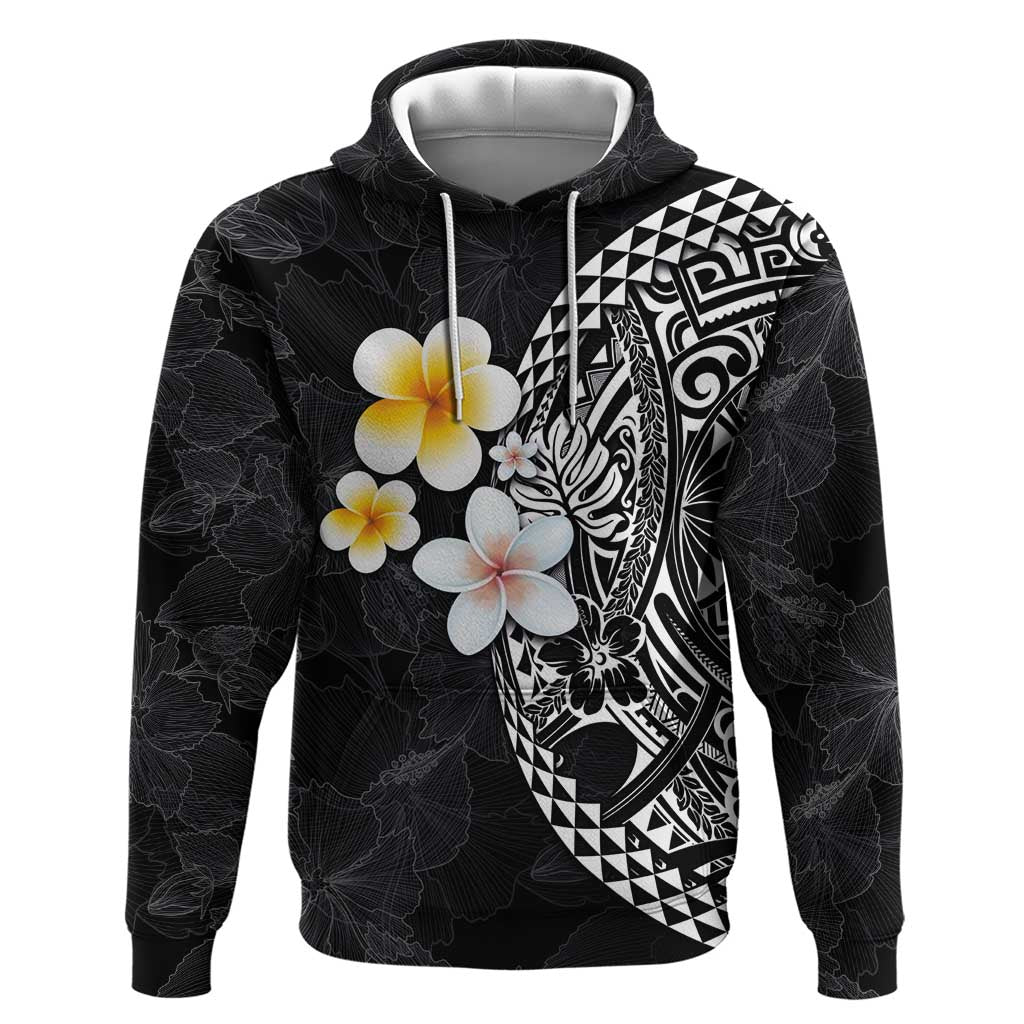 Hawaiian Hibiscus and Plumeria Polynesian Tribal Tattoo Hoodie Black Color