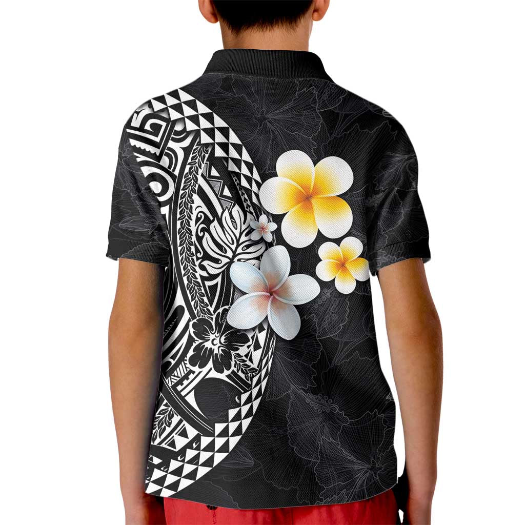 Hawaiian Hibiscus and Plumeria Polynesian Tribal Tattoo Kid Polo Shirt Black Color LT03 - Polynesian Pride