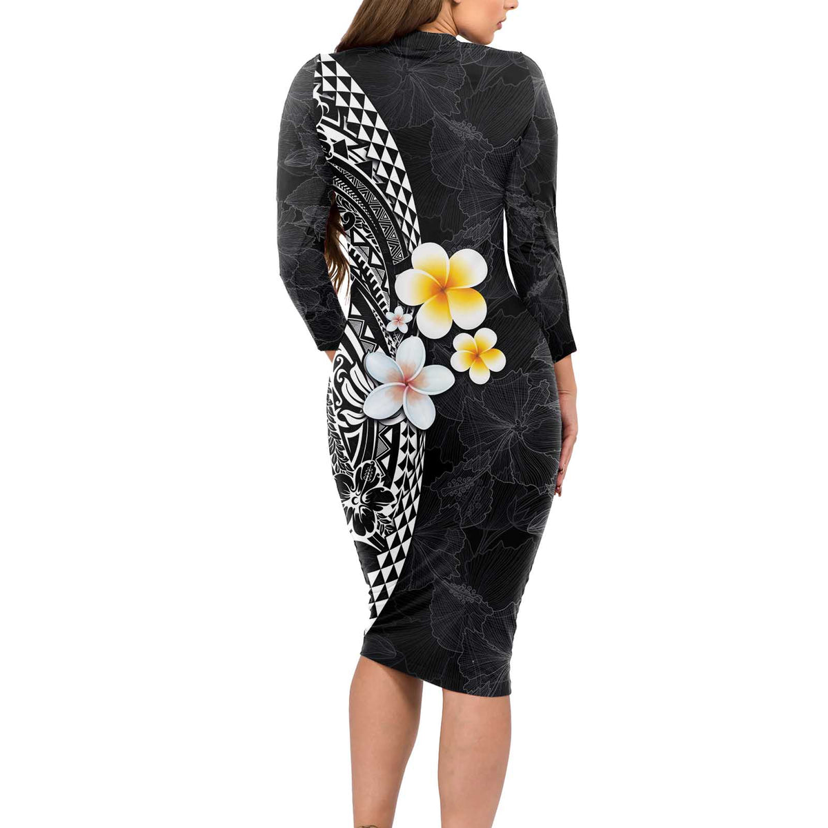 Hawaiian Hibiscus and Plumeria Polynesian Tribal Tattoo Long Sleeve Bodycon Dress Black Color LT03 - Polynesian Pride