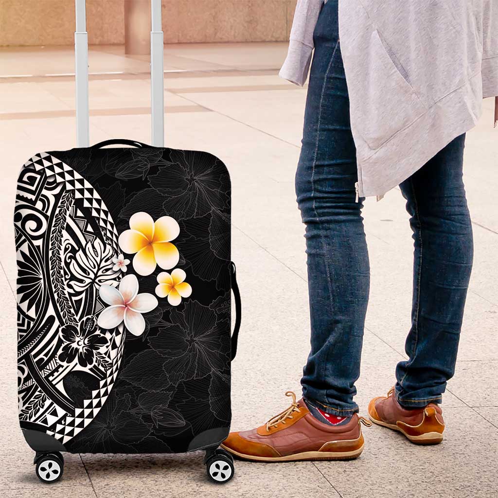 Hawaiian Hibiscus and Plumeria Polynesian Tribal Tattoo Luggage Cover Black Color